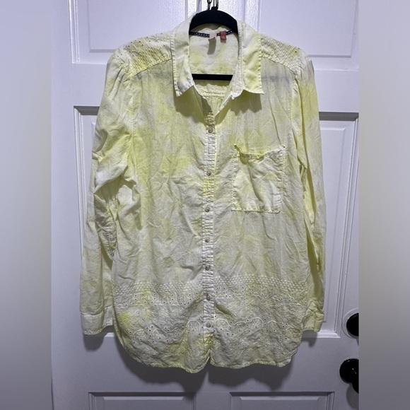 Anthropologie Pilcro Shirt Women XL Yellow Tie Dye Embroidered Eyelet Funky Boho - Picture 2 of 6